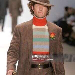 New Henry Jacobson, size Lg, taupe/multicolor stripe silk/cashmere turtleneck